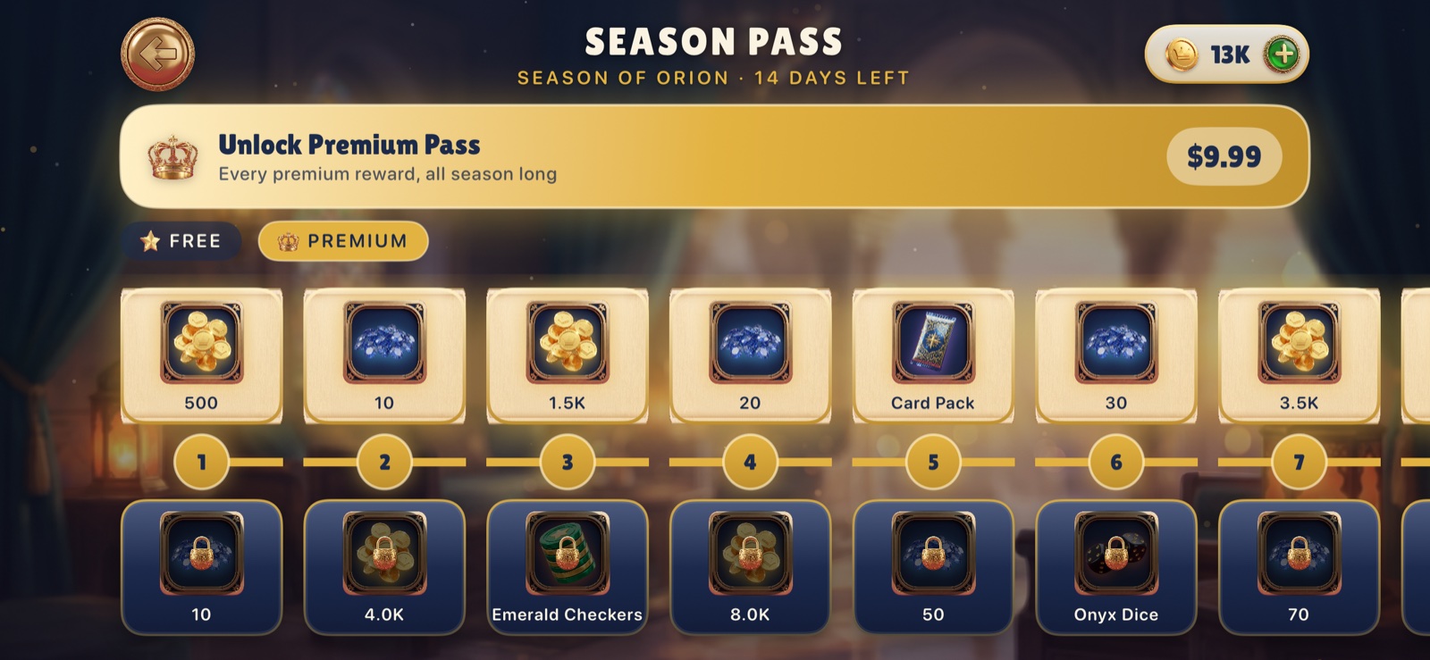 Orion season pass with free and premium reward tracks.